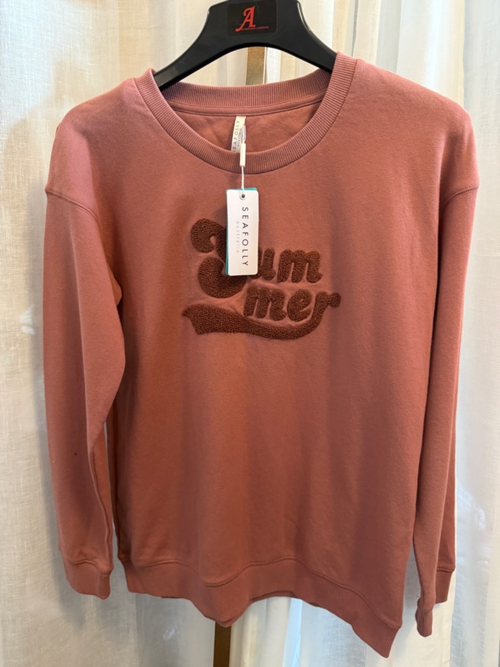 Seafolly Mauve Dusty Rose Crewneck Sweater with 'Summer' Appliqué